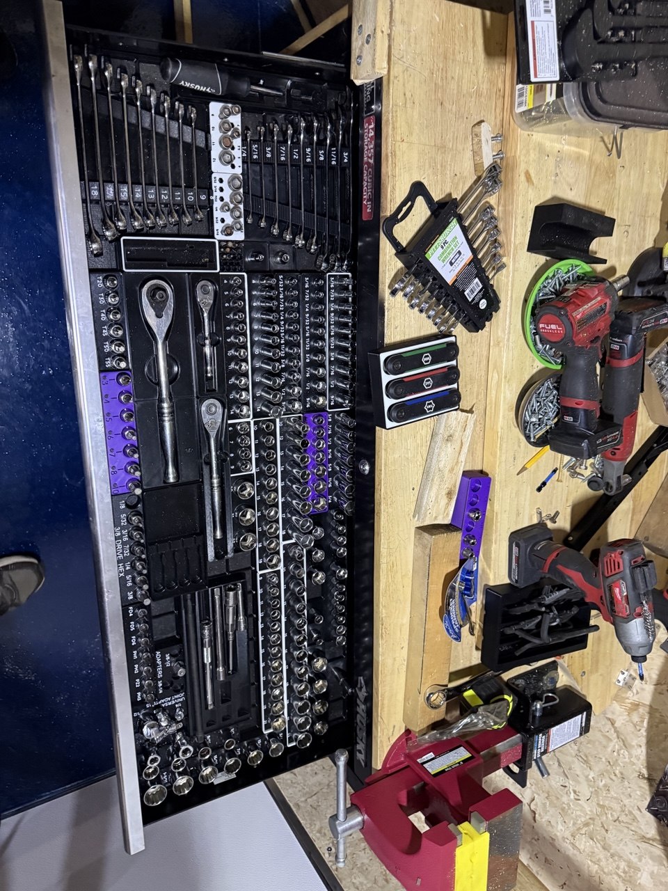 Trailer toolbox drawer with black Gridfinity inserts