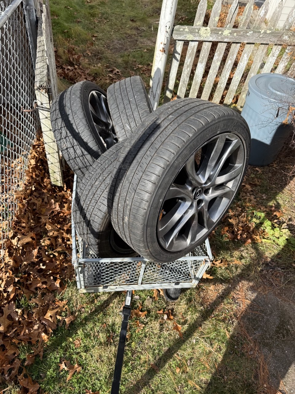 Car wheels and tires stored on a garden cart